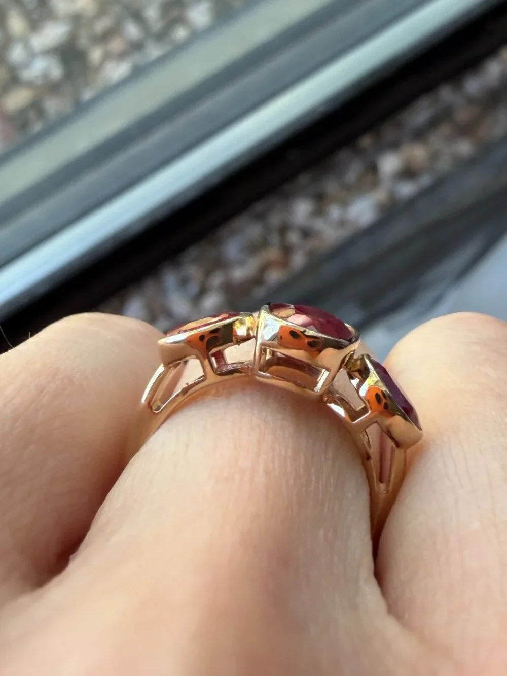NIB 3.30 ct. Ruby Three-Stone Ring in 18kt Gold Over Sterling - 5 - 5.25